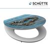 WC-Sitz mit Muschelherz auf blauem Holzhintergrund