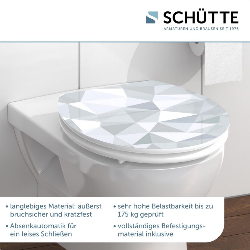 WC-Sitz mit grau-weißem geometrischem Muster