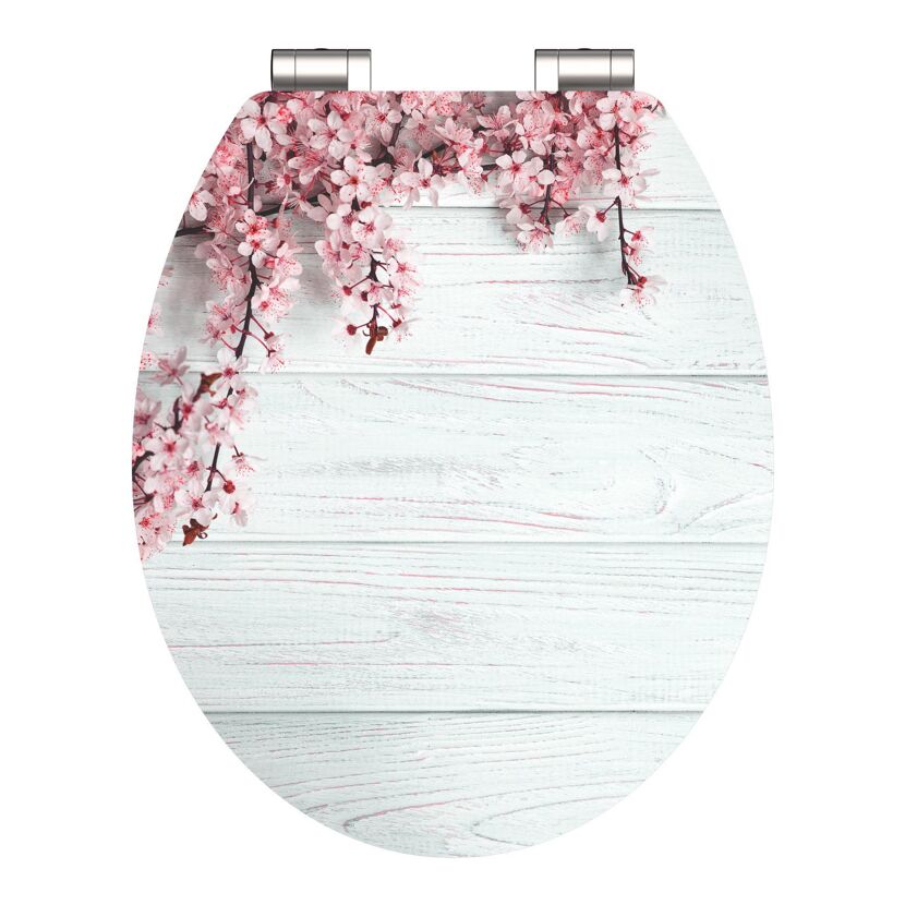 WC-Sitz mit Kirschblüten auf weißem Holz