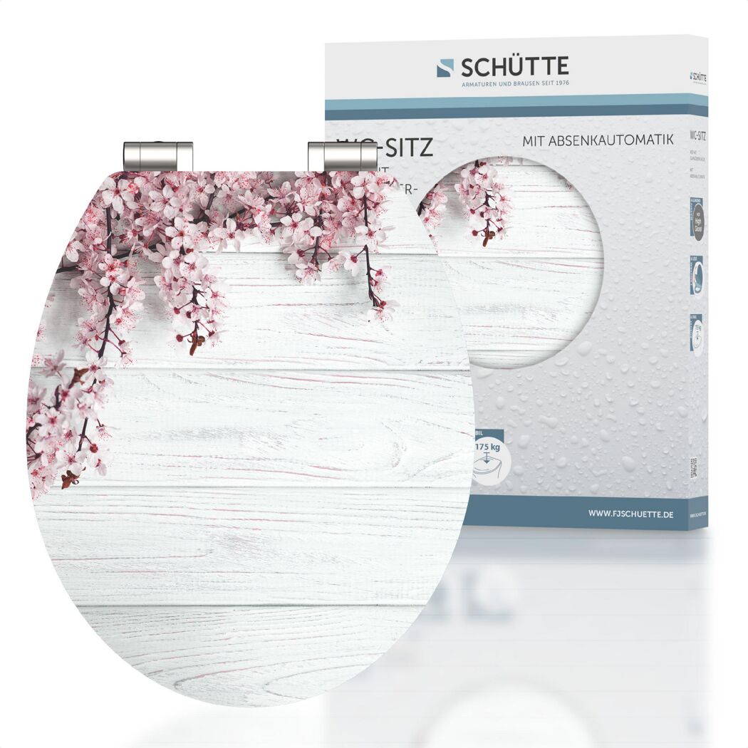WC-Sitz mit Kirschblüten auf weißem Holz
