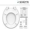 Weißer WC-Sitz mit Absenkautomatik, Montageanleitung und Zubehör.
