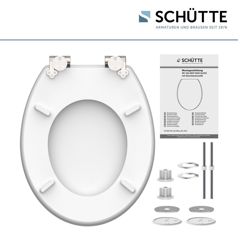Weißer WC-Sitz mit Absenkautomatik, Montageanleitung und Zubehör.