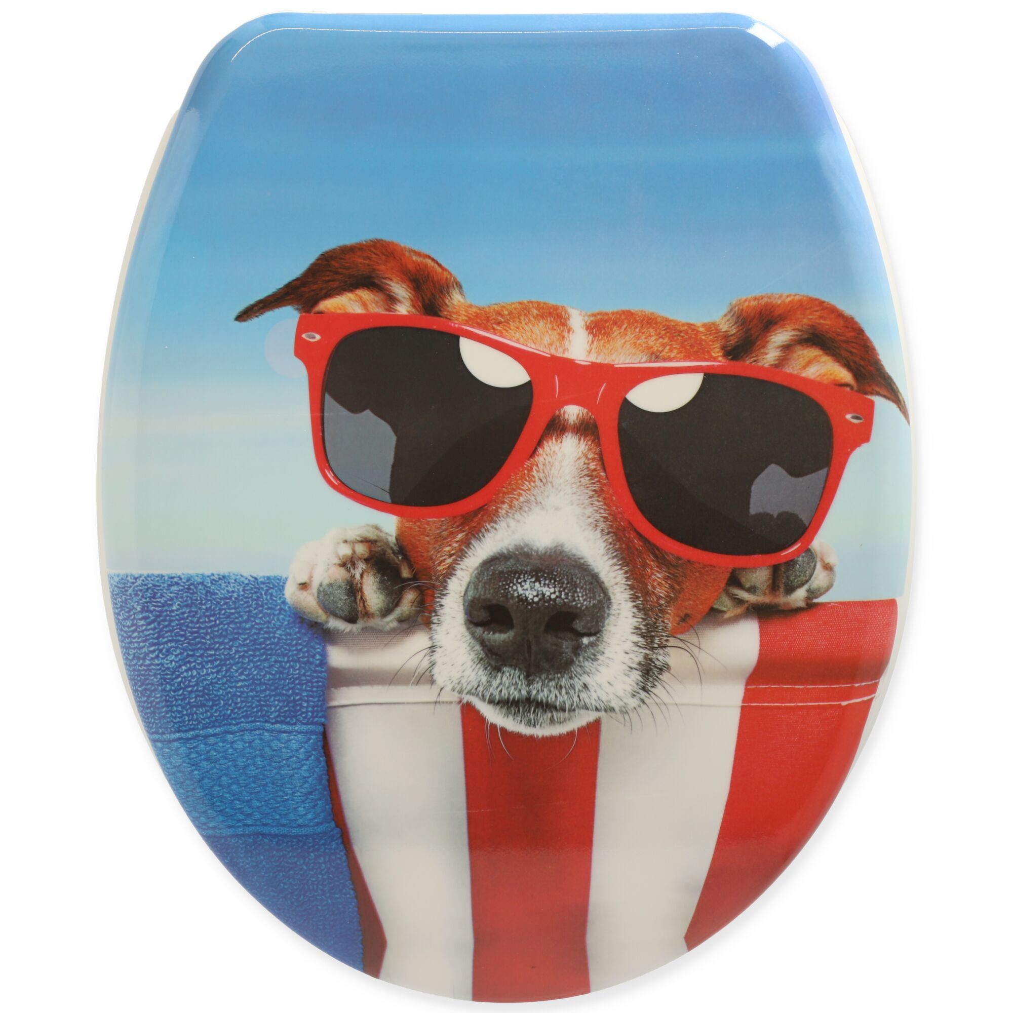 WC-Sitz mit Hund und Sonnenbrille