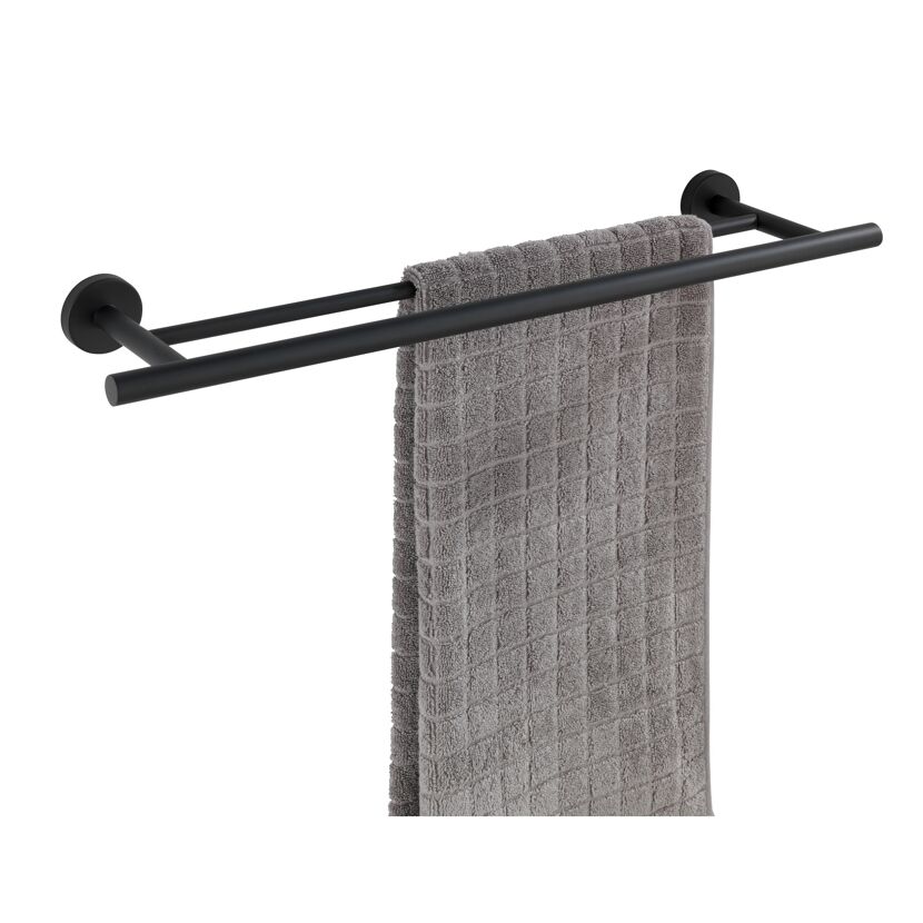 Schwarze Handtuchstange mit grauem Handtuch