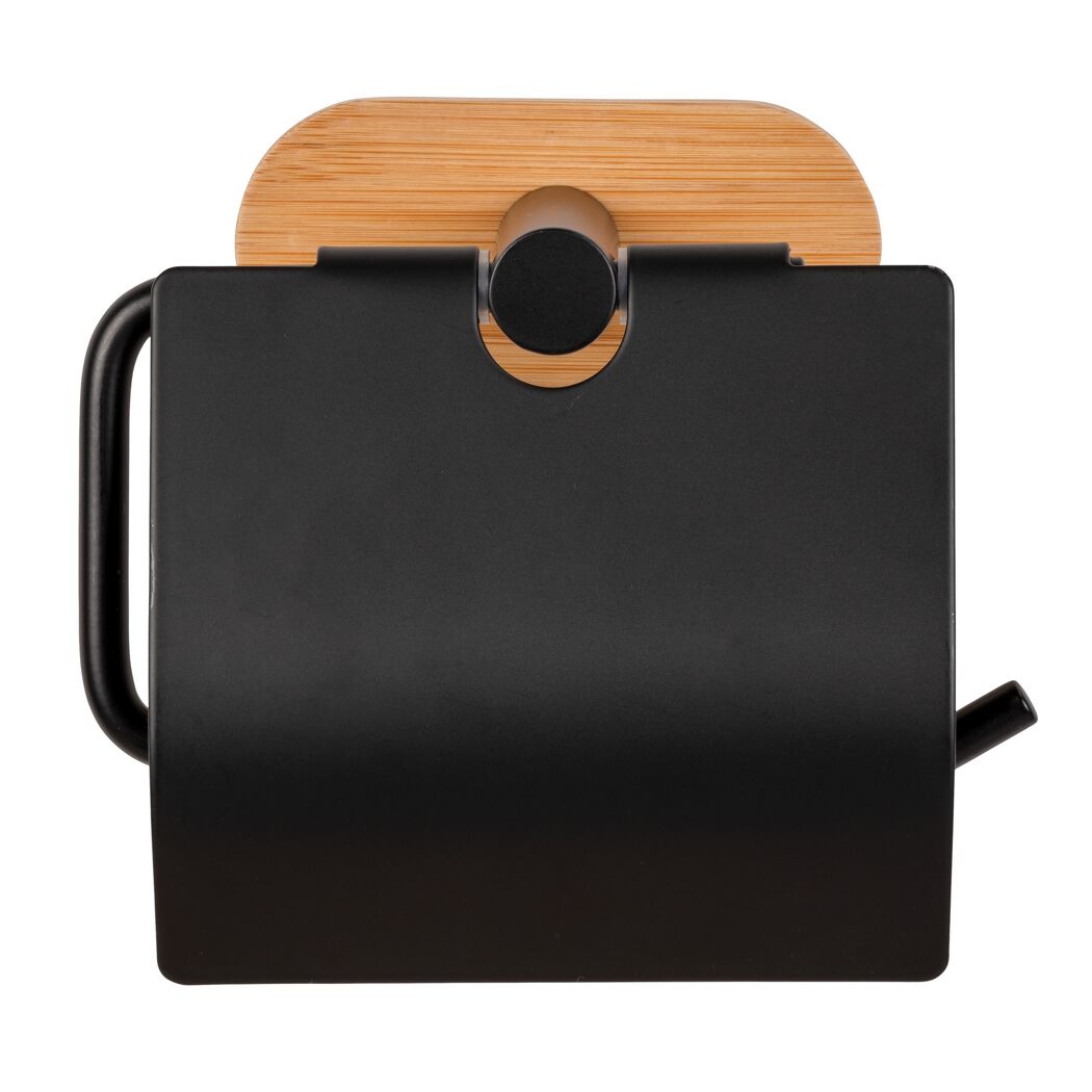 Schwarzer Toilettenpapierhalter mit Ablage aus Bambus