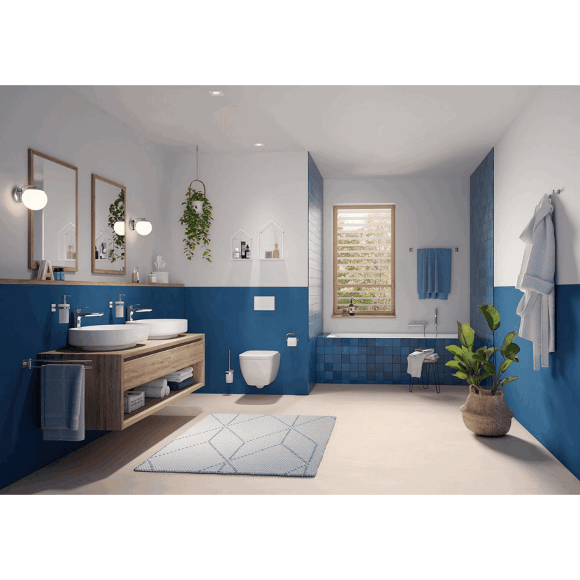 Modernes Badezimmer in Blau und Holz