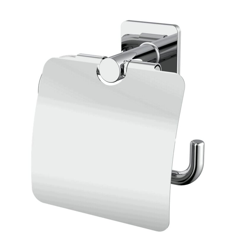 Chromfarbener Toilettenpapierhalter mit Deckel.