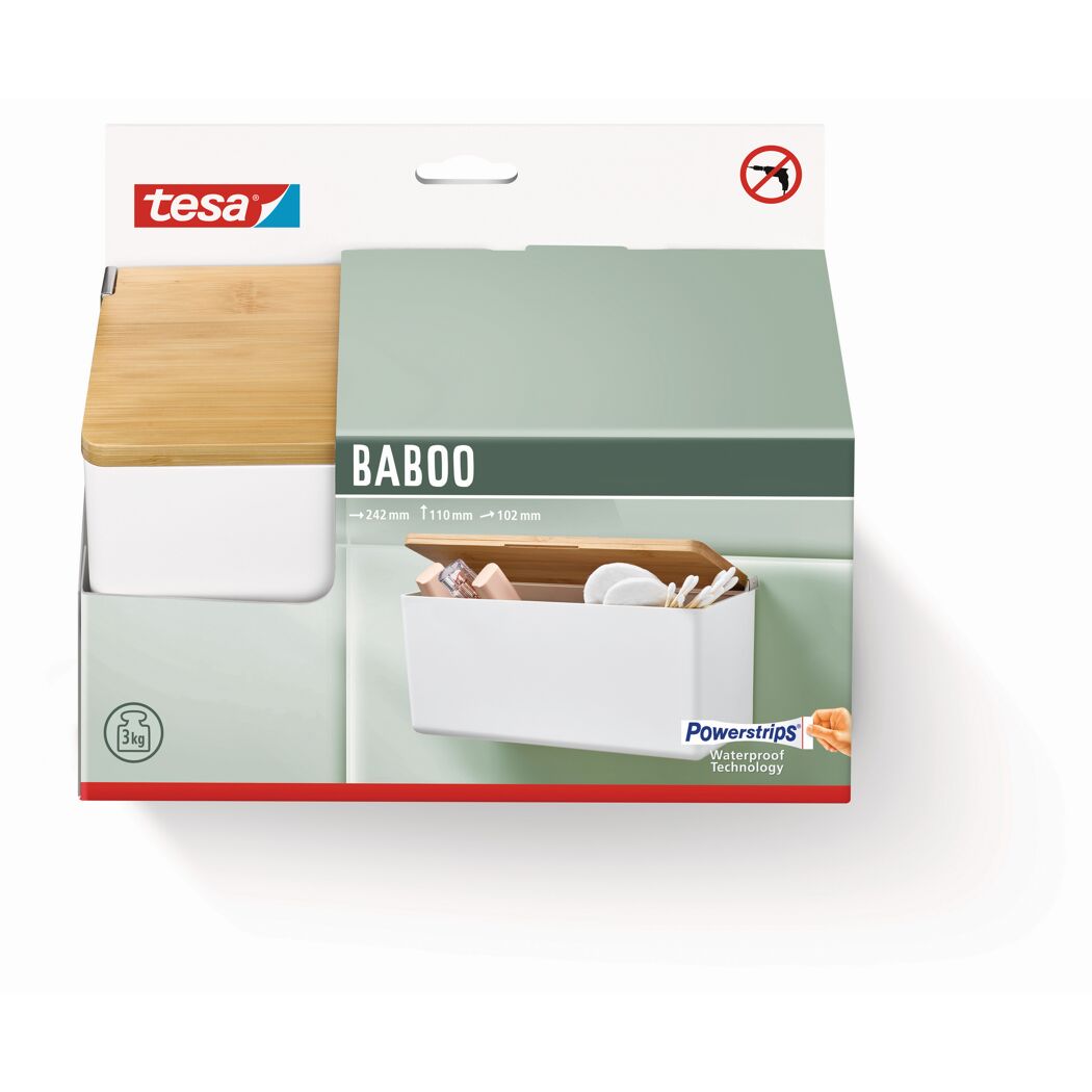 Tesa Baboo Aufbewahrungsbox mit Bambusdeckel an der Wand.