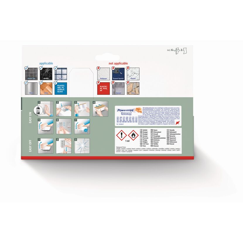Rückseite der Verpackung von tesa Powerstrips Waterproof