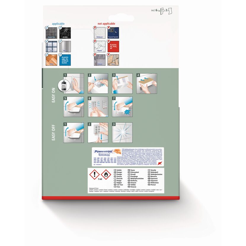 Rückseite der Verpackung von tesa Powerstrips Waterproof Klebestreifen