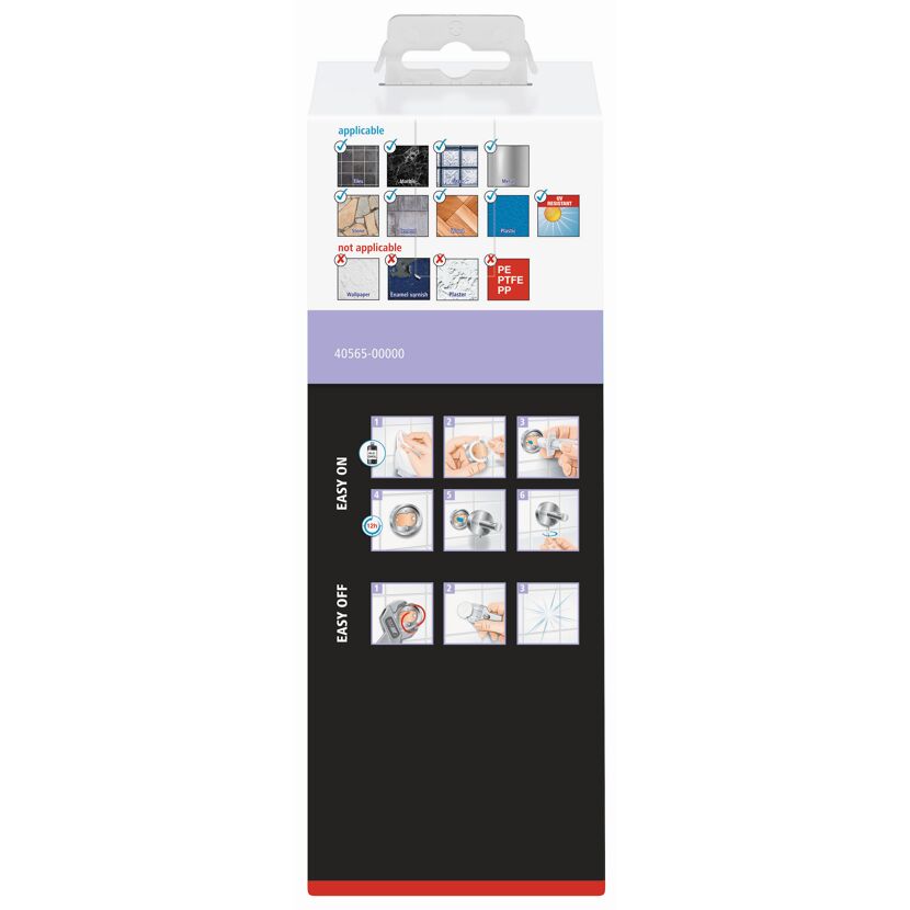 Verpackung des Klebehaken Turbo-Loc, Anleitung zum Anbringen und Entfernen