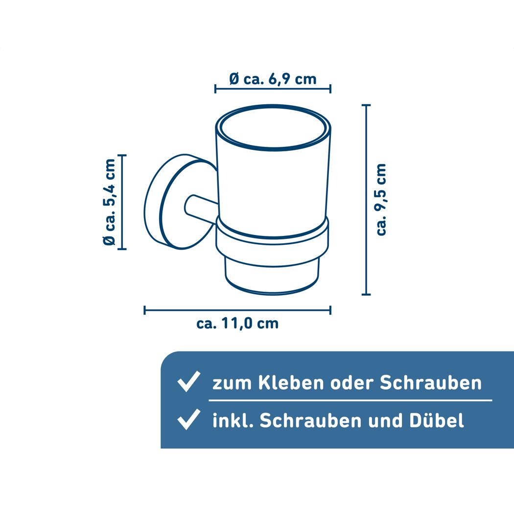 Schwarzer Zahnputzbecher mit Wandhalterung.