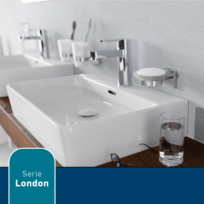 Waschbecken mit Armatur, Seifenablage und Glas