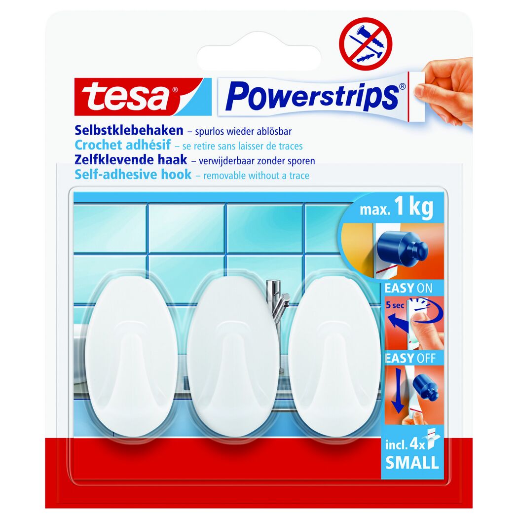 Tesa Powerstrips Klebehaken, 4 Stück, klein, weiß
