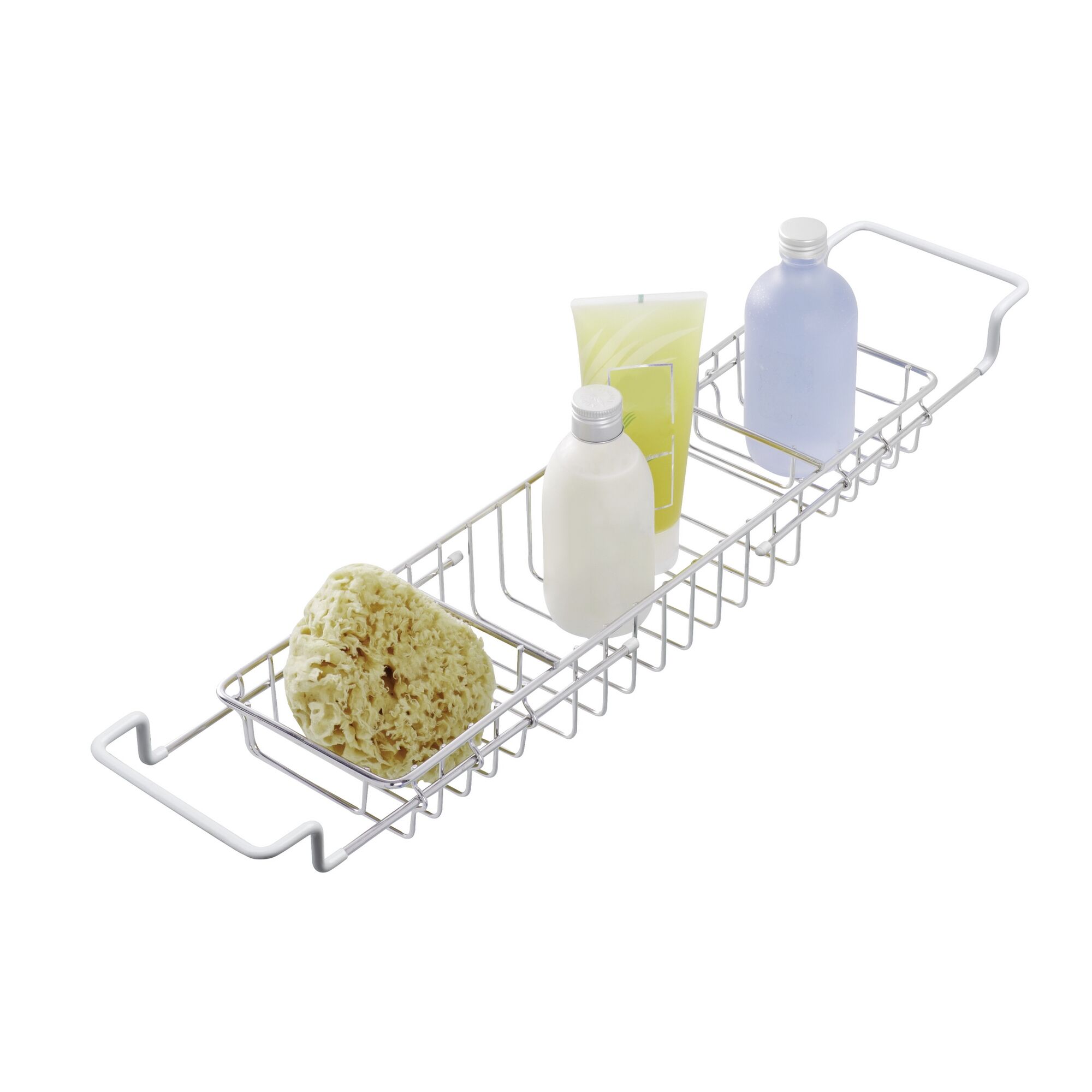 Badewannenbrücke Edelstahl mit Badeschwamm und Pflegeprodukten