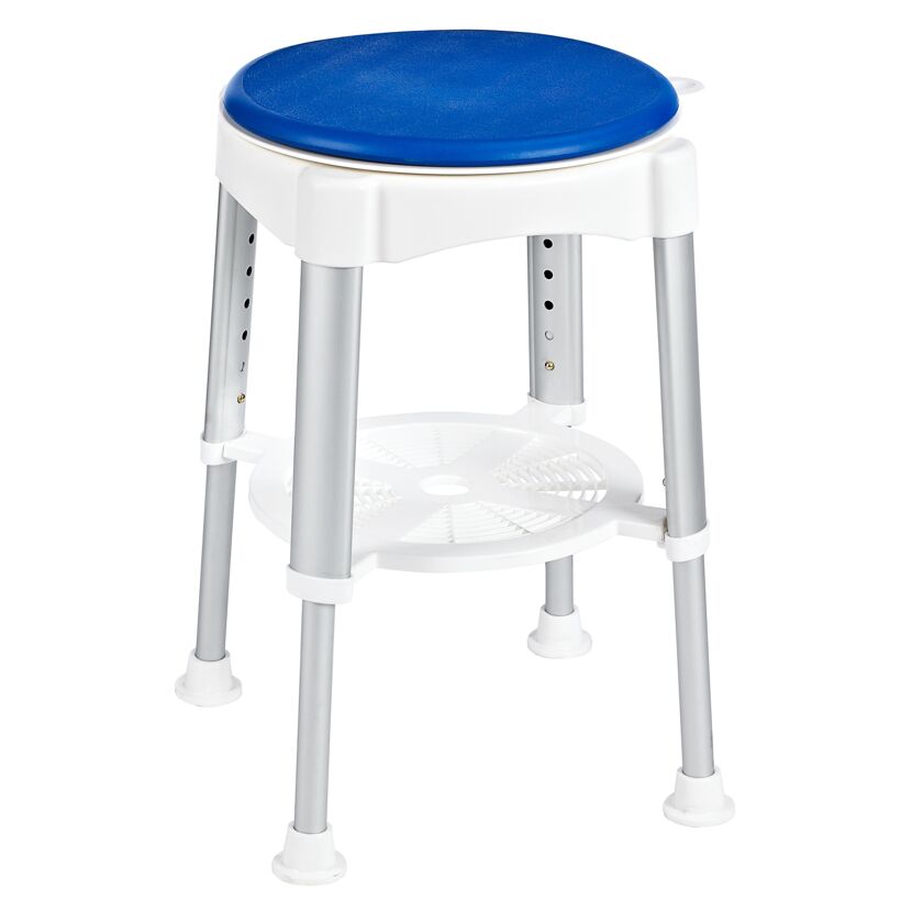 Drehbarer Badhocker mit blauer Sitzfläche