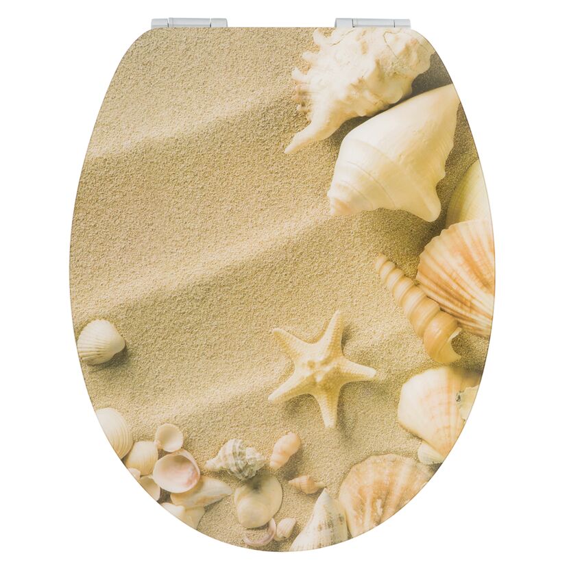 WC-Sitz mit Muscheln und Seesternen auf Sand