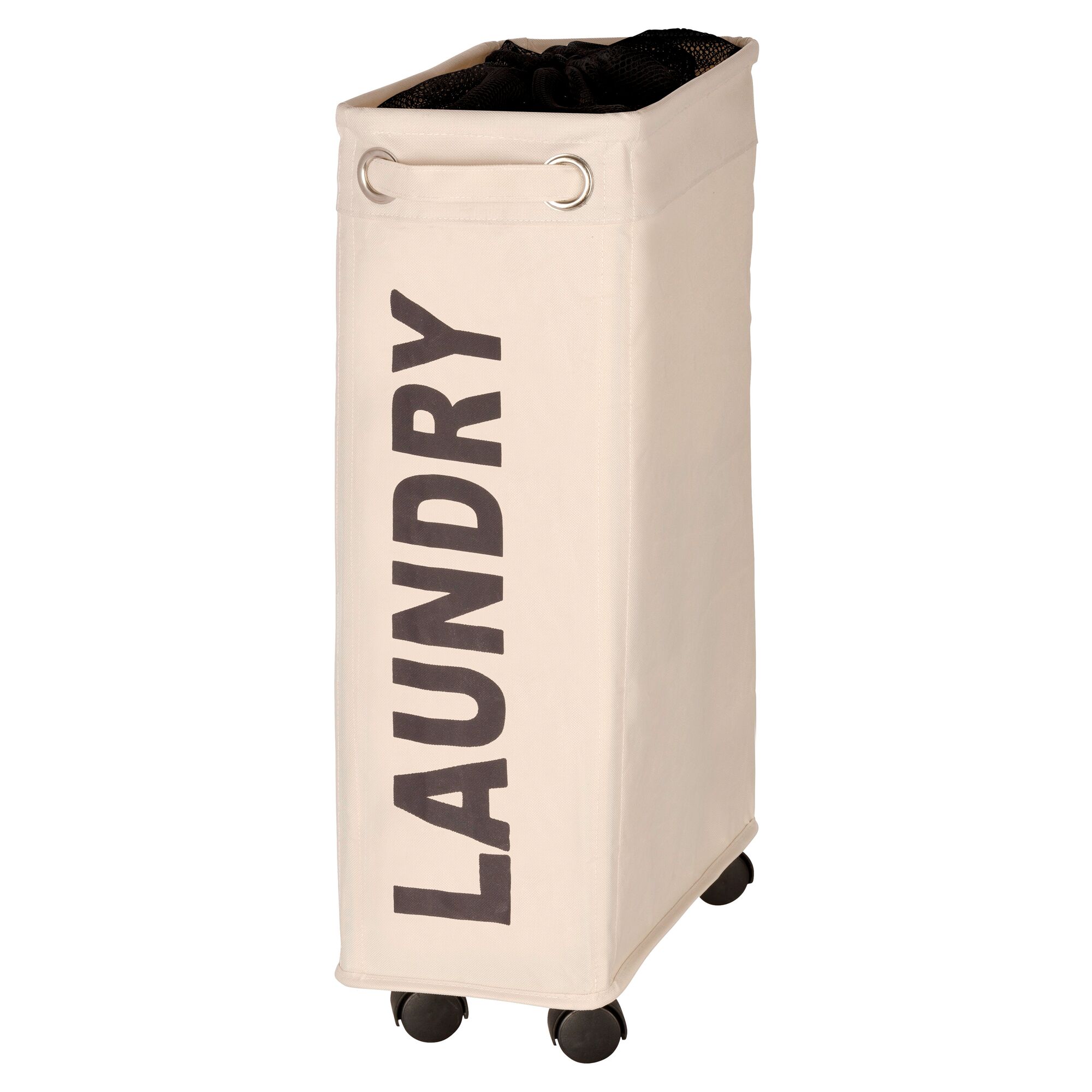 Beigefarbener Wäschesammler auf Rollen mit der Aufschrift "LAUNDRY"
