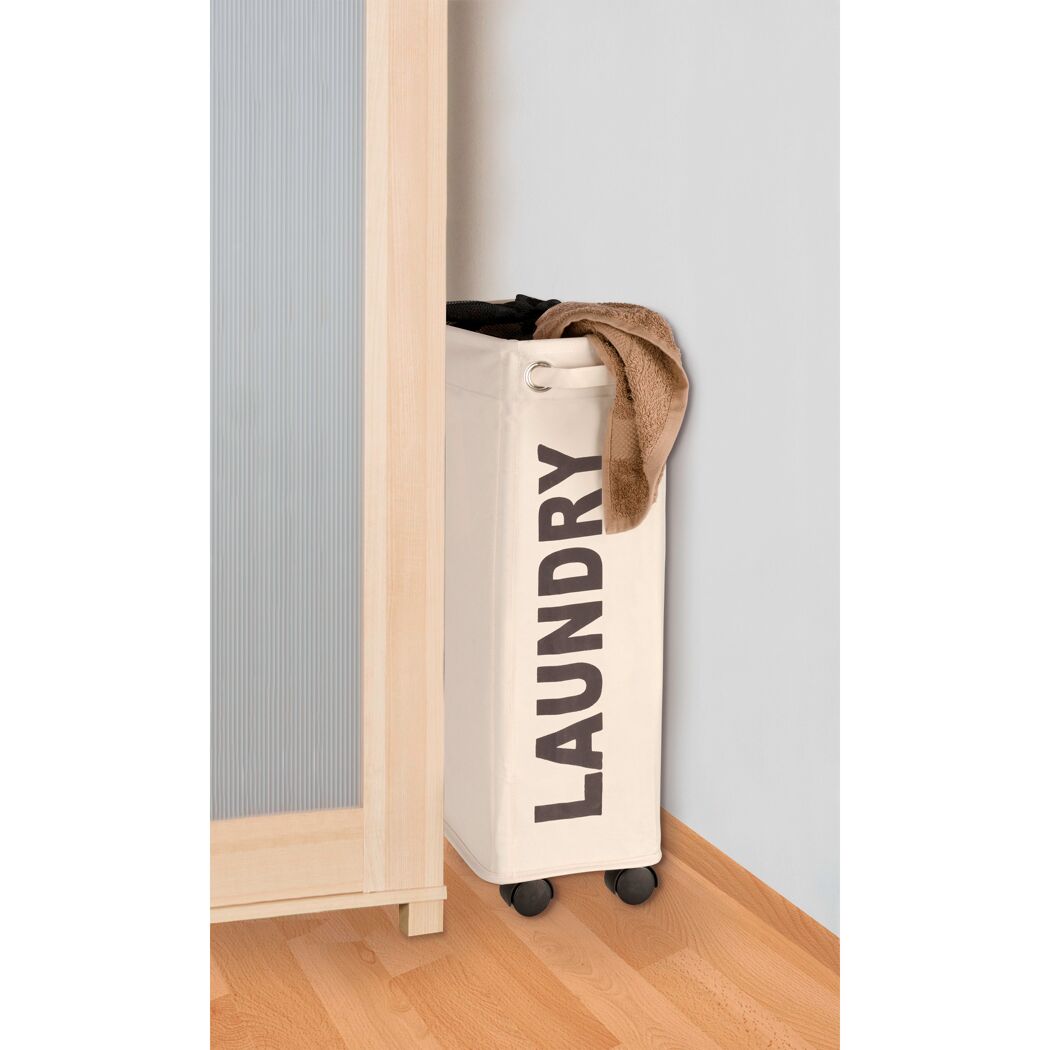 Wäschekorb Corno Beige mit braunem Schriftzug "LAUNDRY"