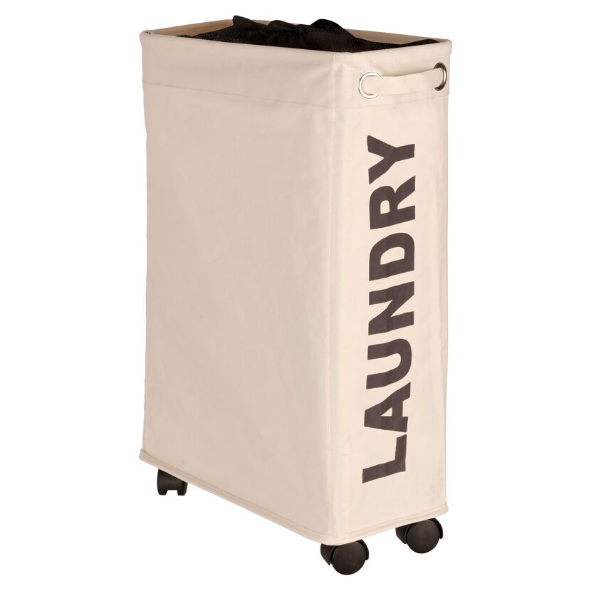 Beiger Wäschesammler mit Rollen und der Aufschrift "LAUNDRY"