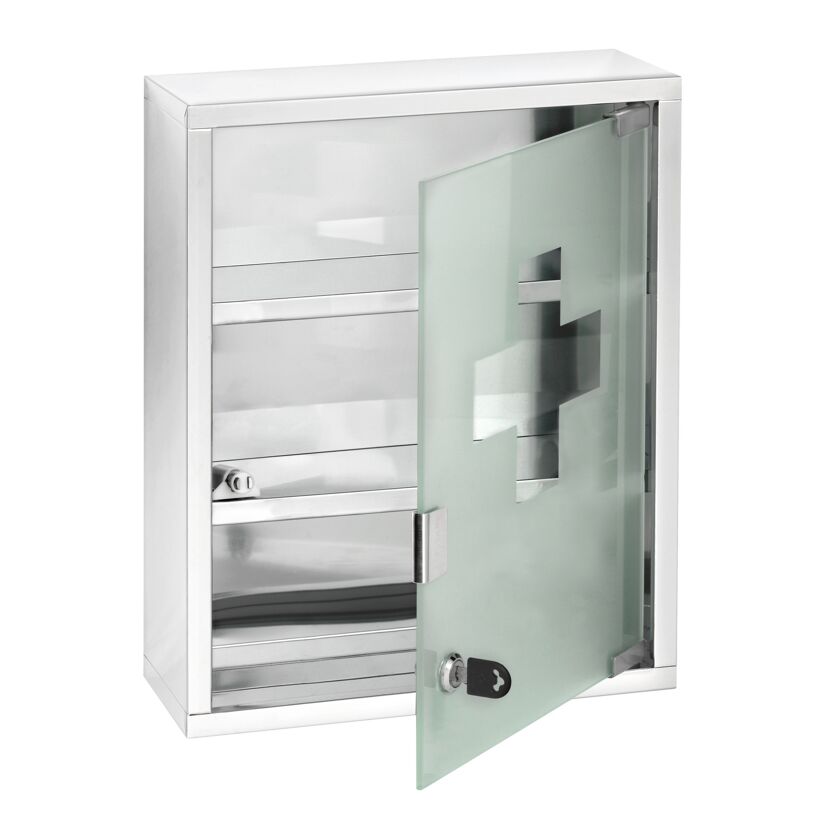 Medikamentenschrank mit offener Glastür und weißem Kreuz