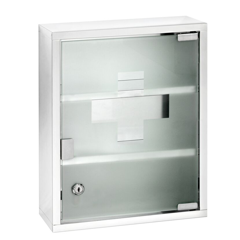 Medikamentenschrank mit Milchglas-Tür und weißem Kreuz