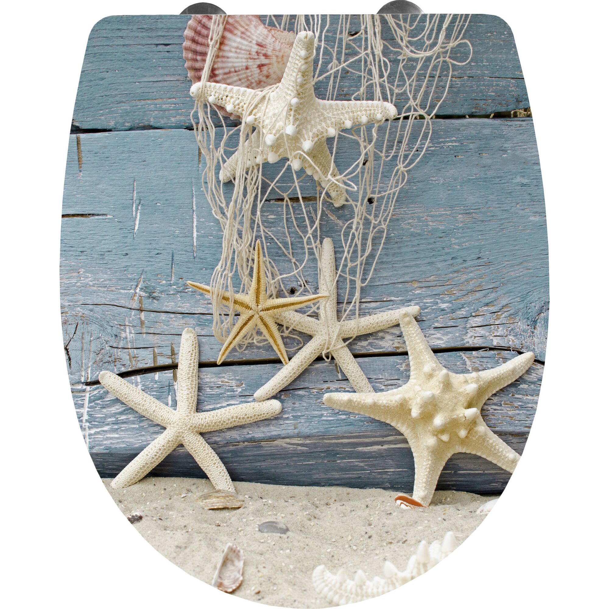 WC-Sitz mit Seesternen, Muscheln und Fischernetz