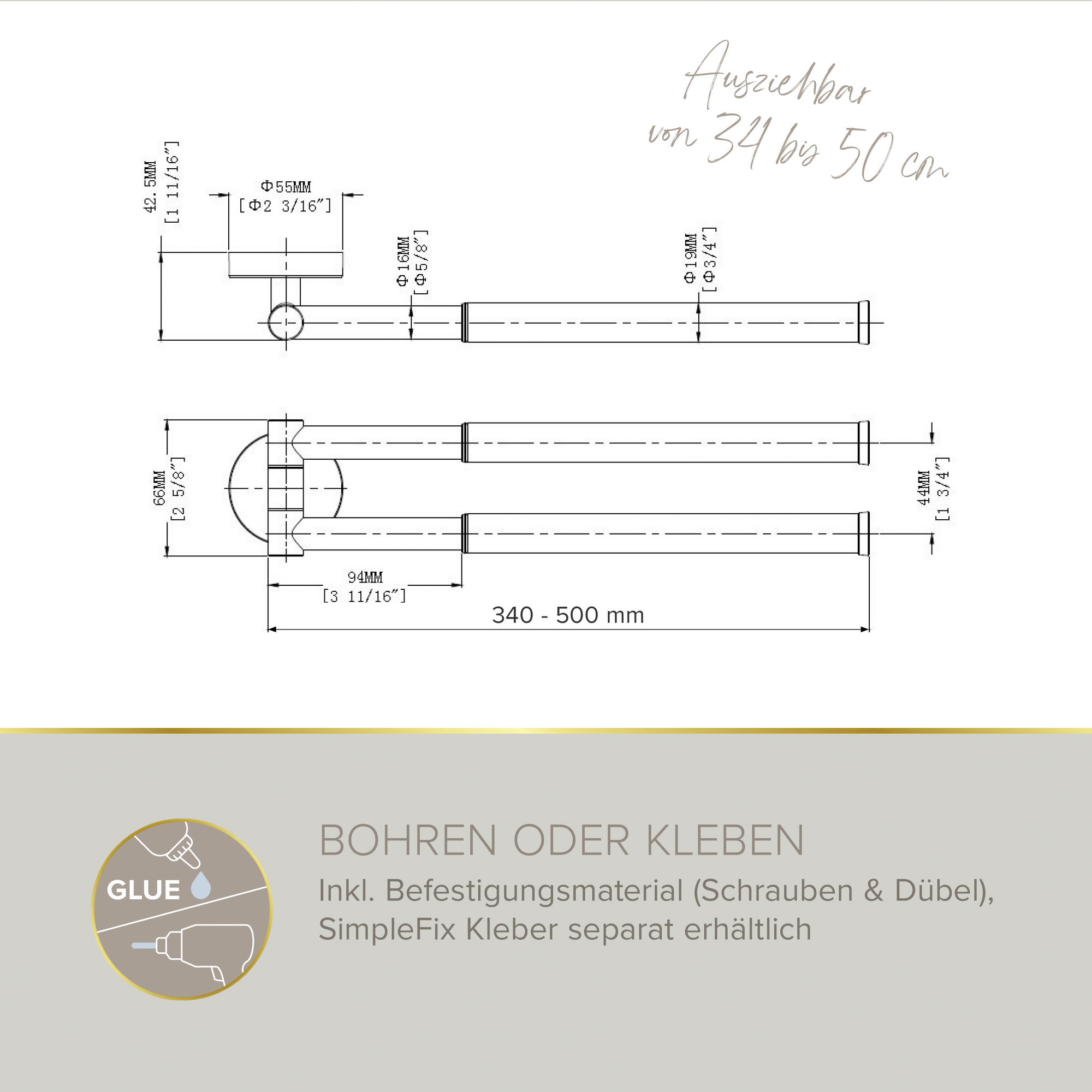 Handtuchhalter 'Soulution' doppelreihig verchromt 37-52 cm