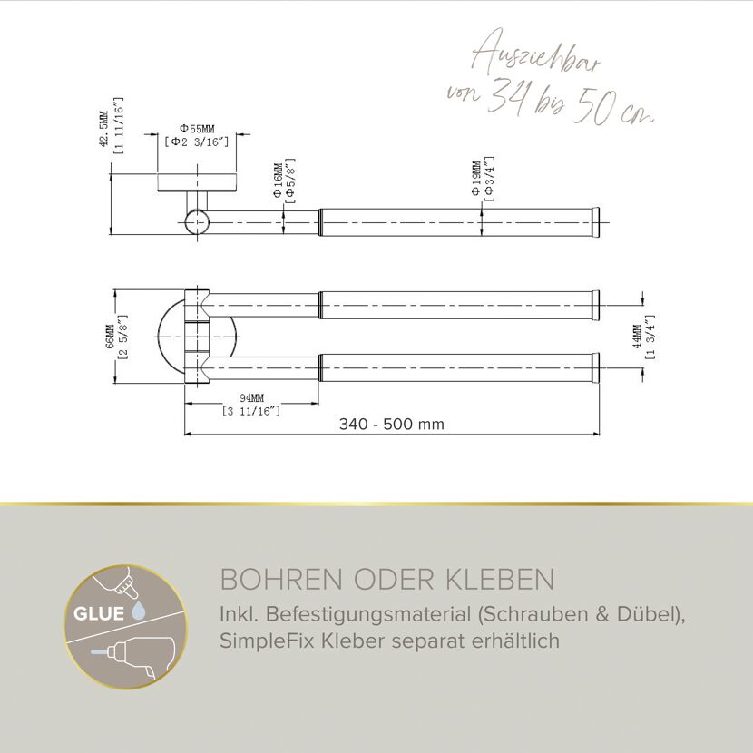 Handtuchhalter 'Soulution' doppelreihig verchromt 37-52 cm