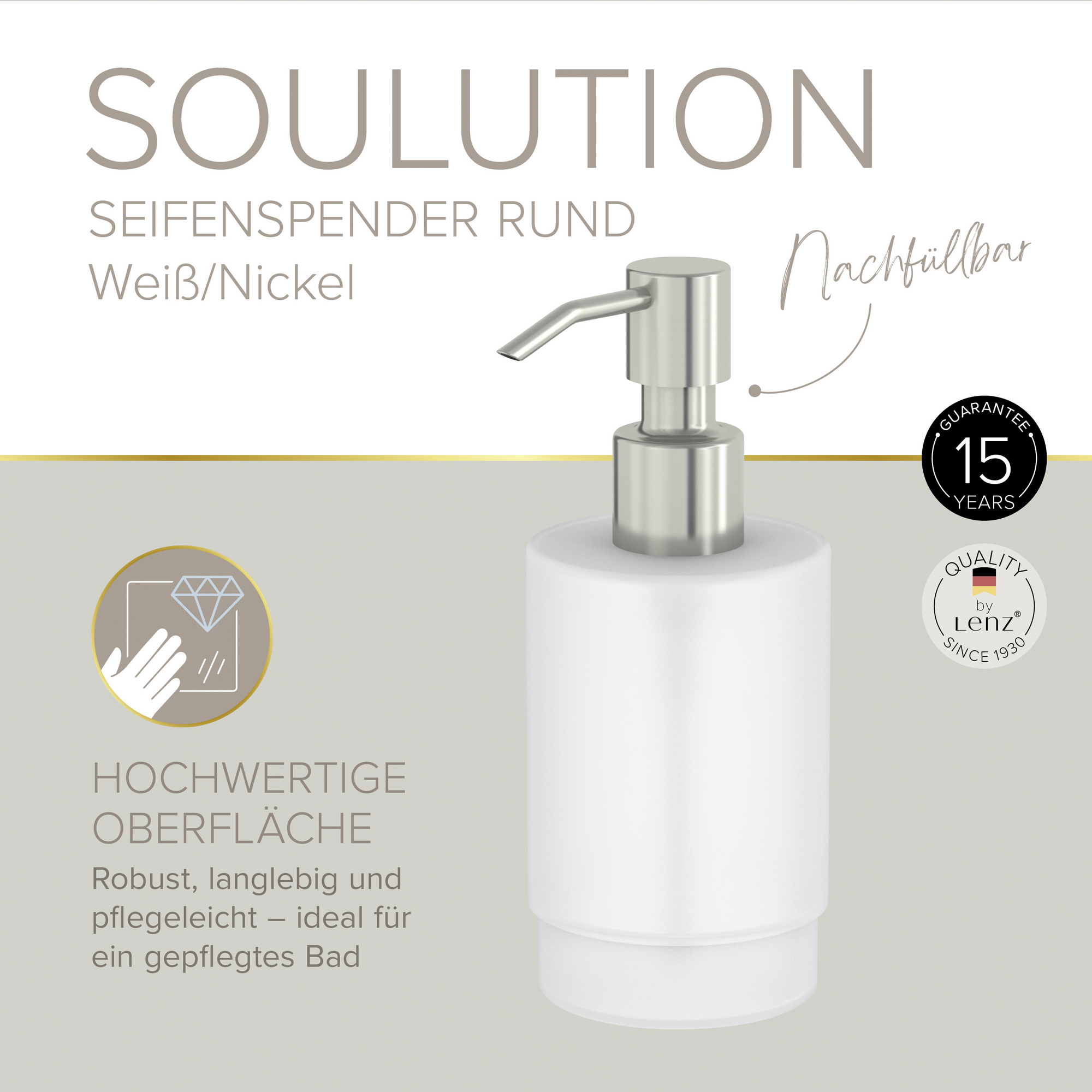 Seifenspender 'Soulution' rund nickelfarben/weiß