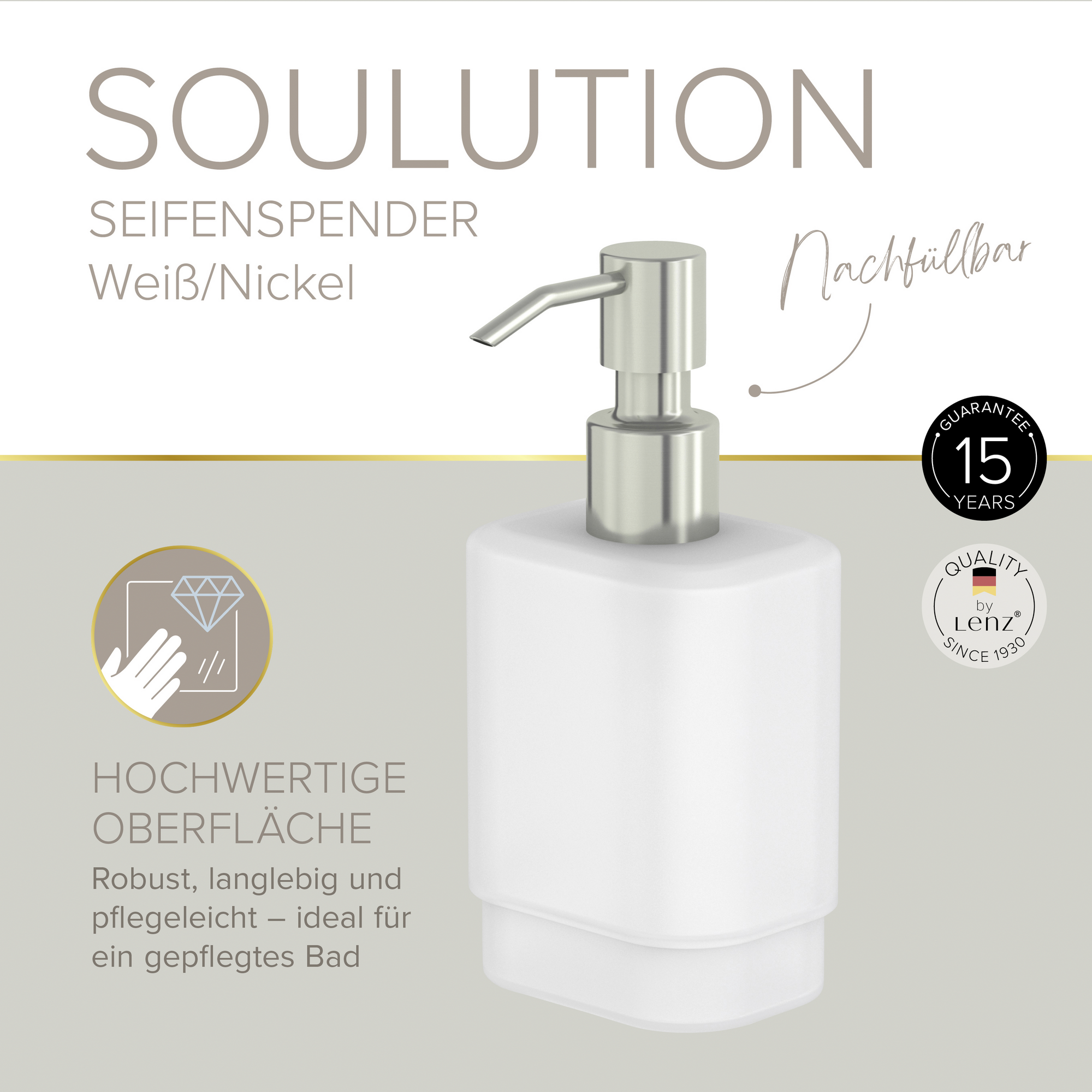 Seifenspender 'Soulution' eckig nickelfarben/weiß