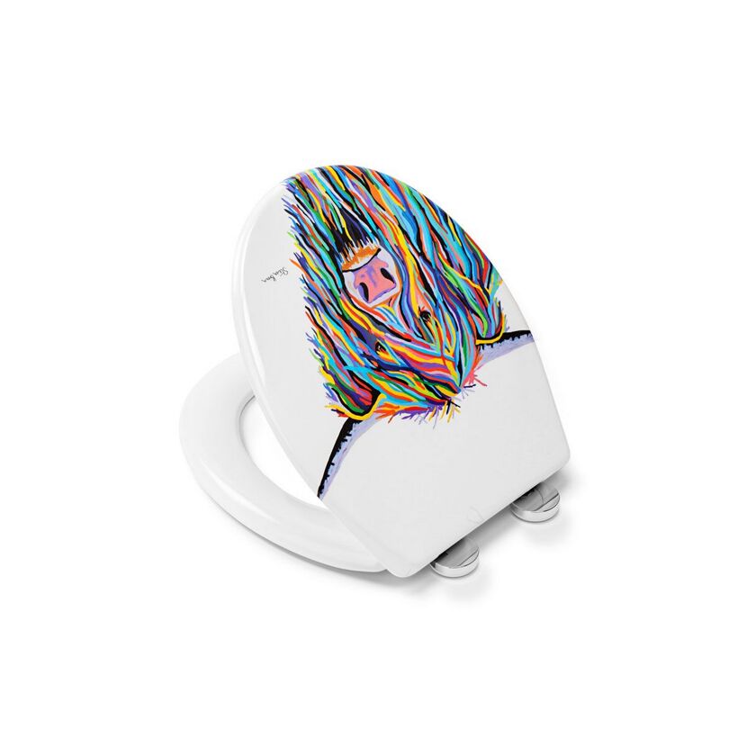 Bunter WC-Sitz mit Highland-Rind