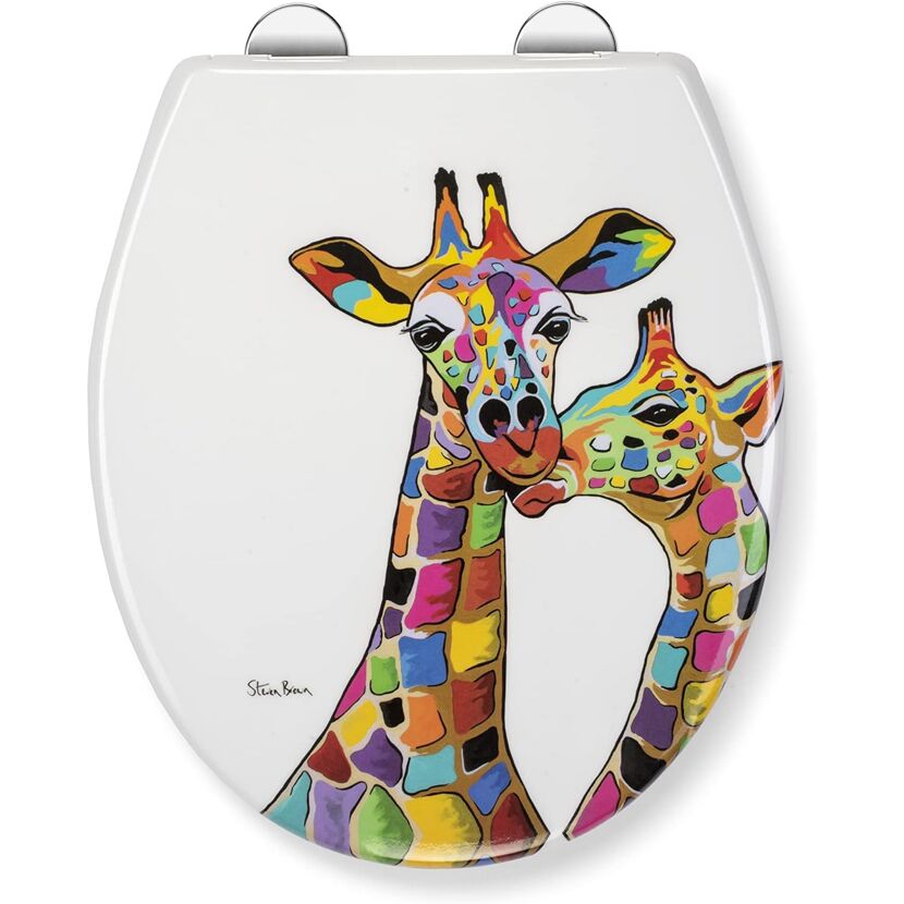 Bunter WC-Sitz mit zwei Giraffen.