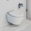 Hängendes WC mit geschlossenem WC-Sitz und Toilettenpapierhalter