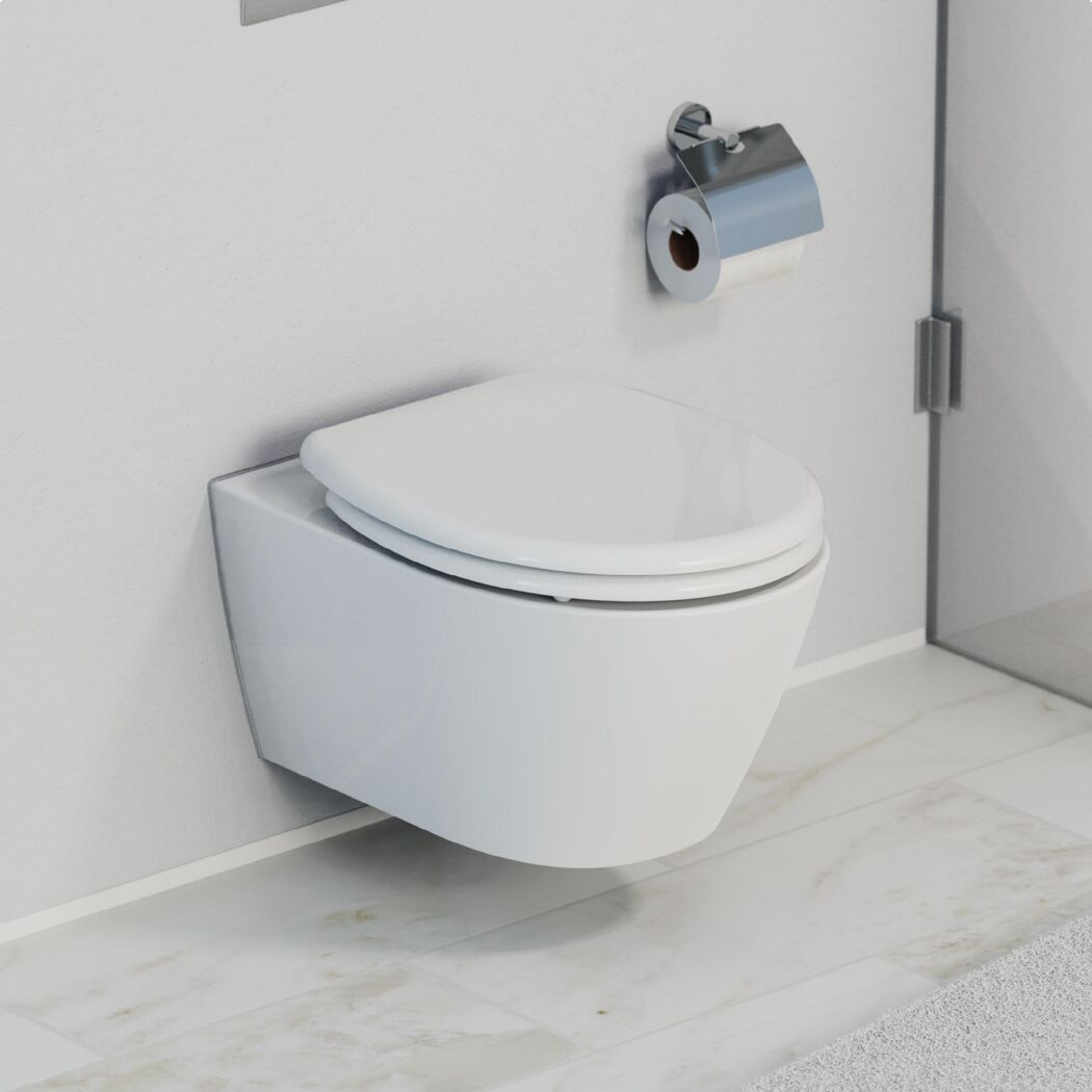 Hängendes WC mit geschlossenem WC-Sitz und Toilettenpapierhalter