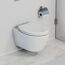 Hängendes WC mit geschlossenem WC-Sitz und Toilettenpapierhalter