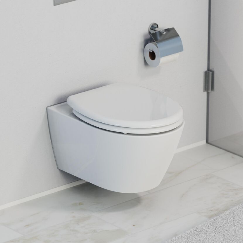 Hängendes WC mit geschlossenem WC-Sitz und Toilettenpapierhalter