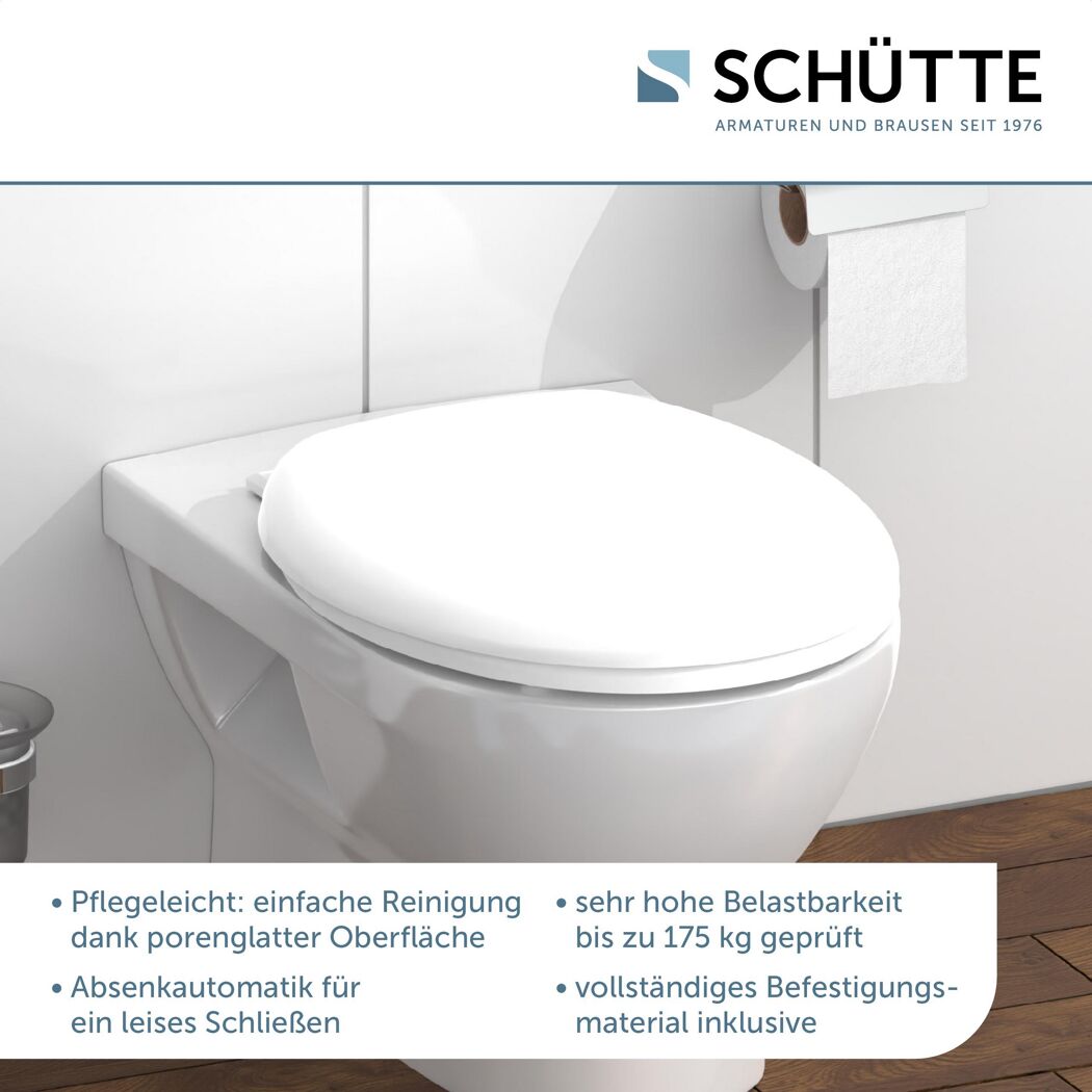 Weißer WC-Sitz auf einer Toilette.