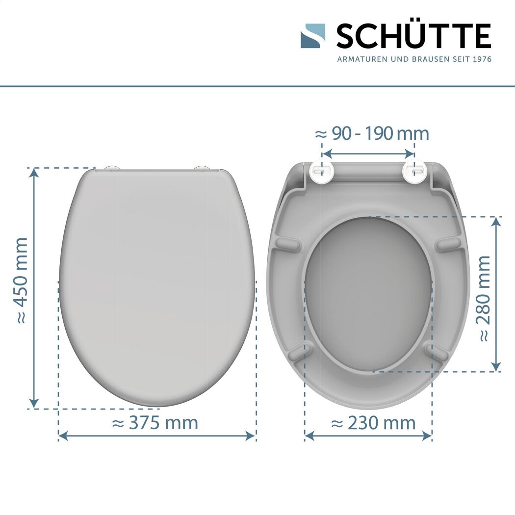 WC-Sitz Duroplast grau, Ansicht von oben und unten mit Maßen