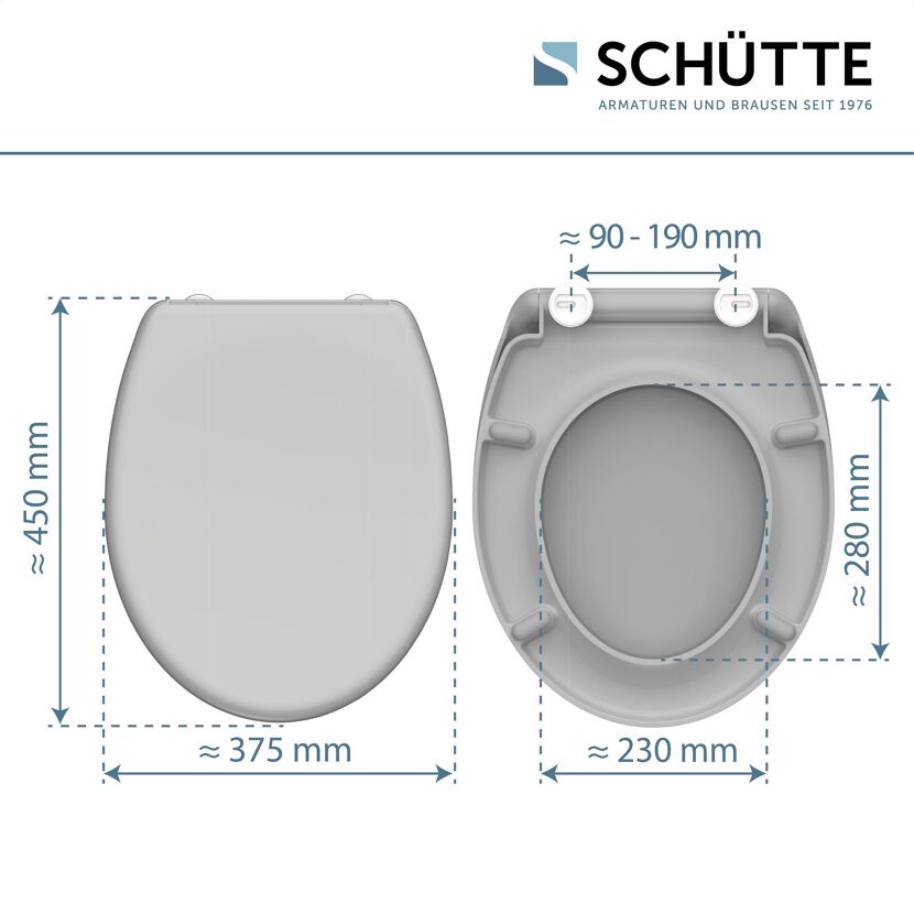 WC-Sitz Duroplast grau, Ansicht von oben und unten mit Maßen