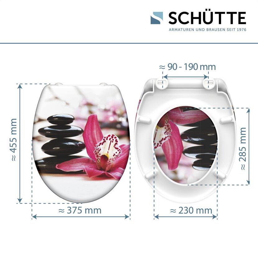 WC-Sitz Wellness weiß mit pinkfarbener Orchidee und schwarzen Steinen