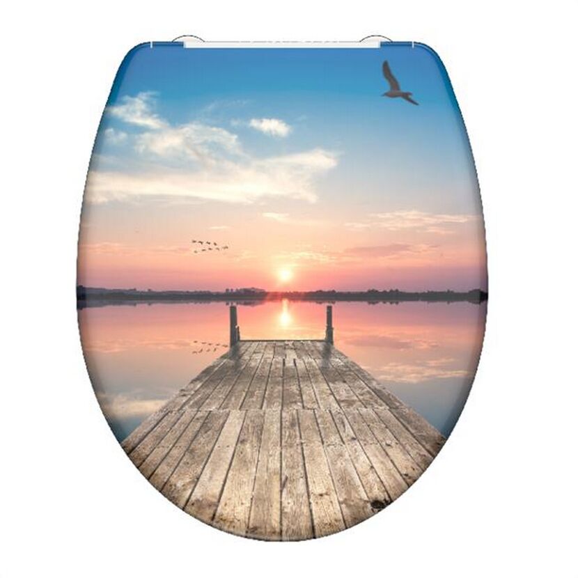 WC-Sitz mit Stegmotiv bei Sonnenuntergang