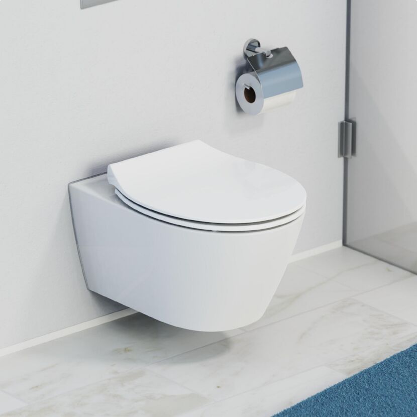 Hängendes WC mit geschlossenem WC-Sitz und Toilettenpapierhalter.