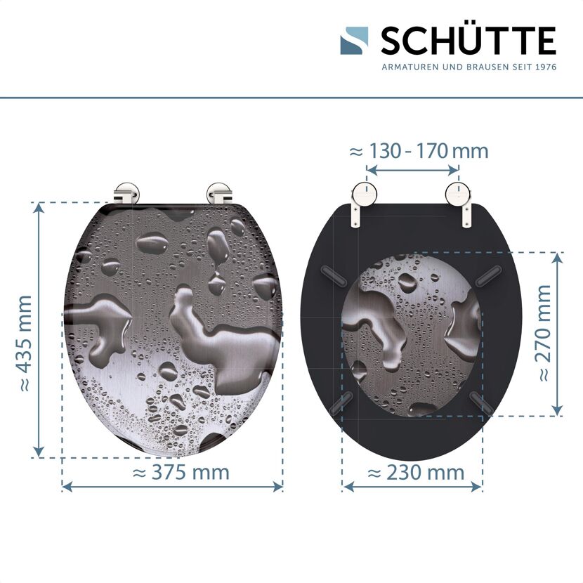 Schwarzer WC-Sitz Grey Steel mit Wassertropfen, Ansicht von oben und unten