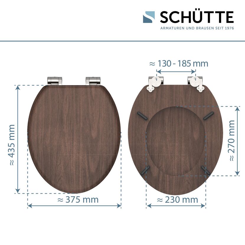 WC-Sitz dunkelbraun, Draufsicht und Ansicht von unten mit Maßen