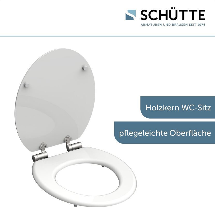 Weißer WC-Sitz mit Holzkern und geöffnetem Deckel.