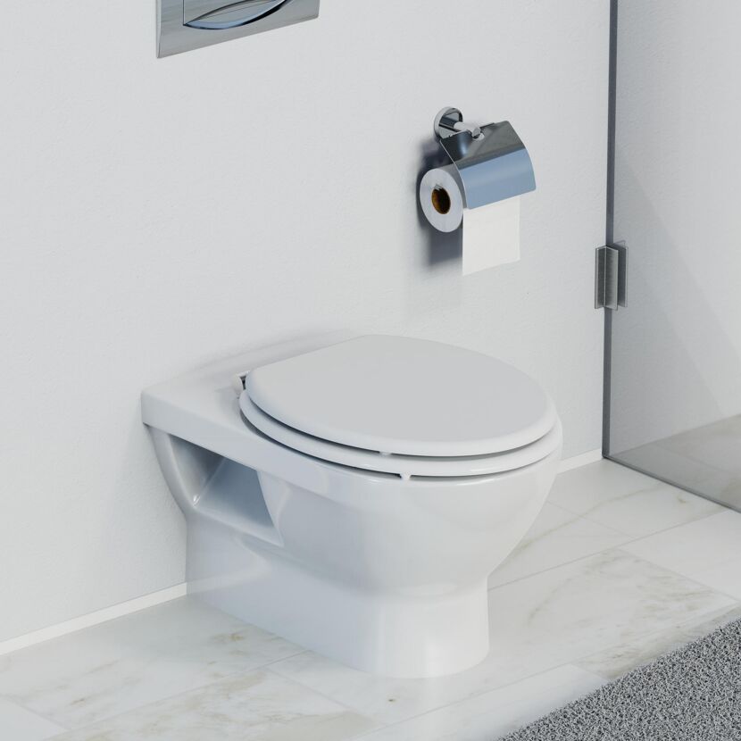 Weißes WC mit geschlossenem Deckel und Toilettenpapierhalter.