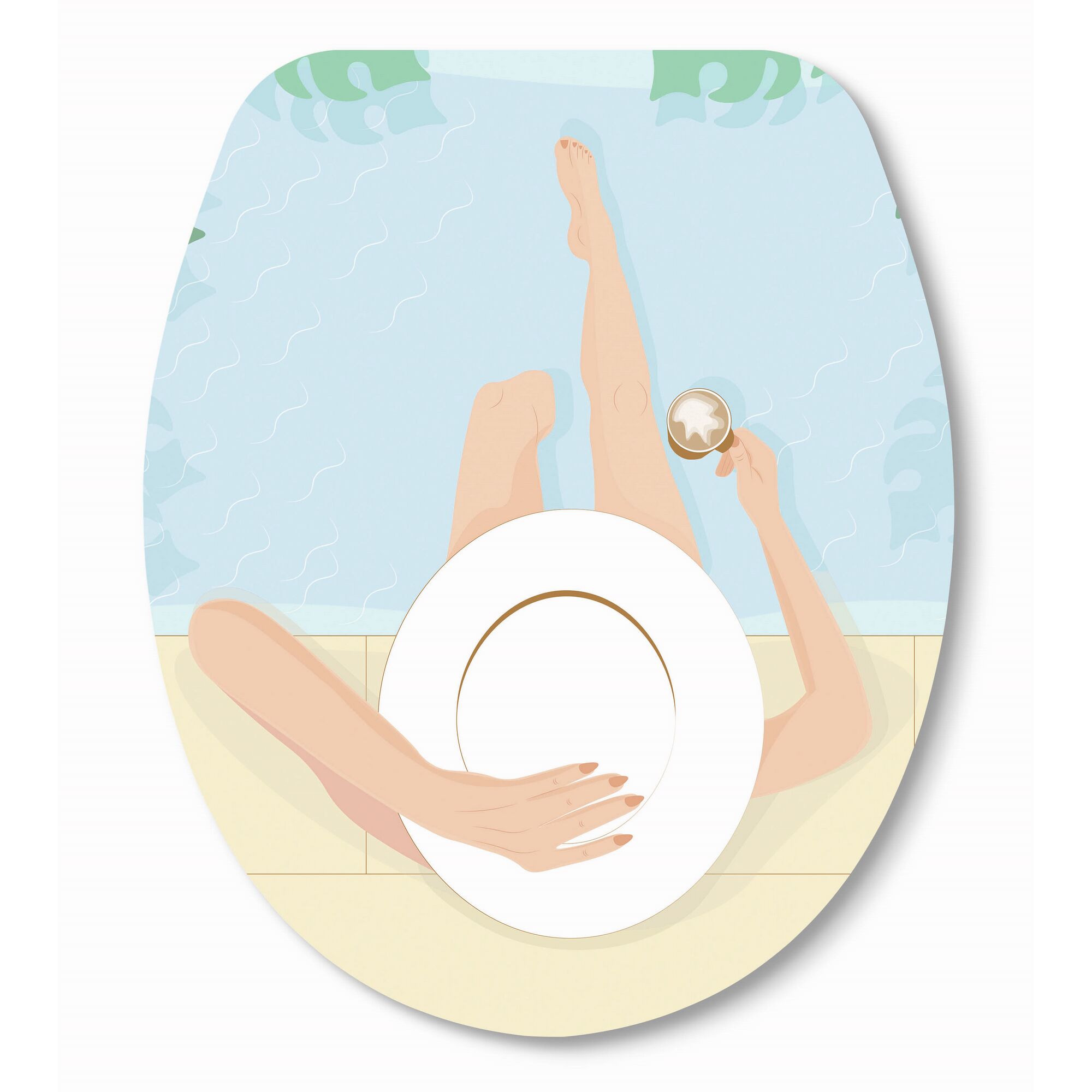 Person mit Sonnenhut trinkt Kaffee am Pool