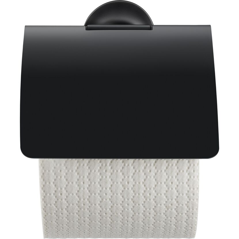 Schwarzer Toilettenpapierhalter mit Papierrolle