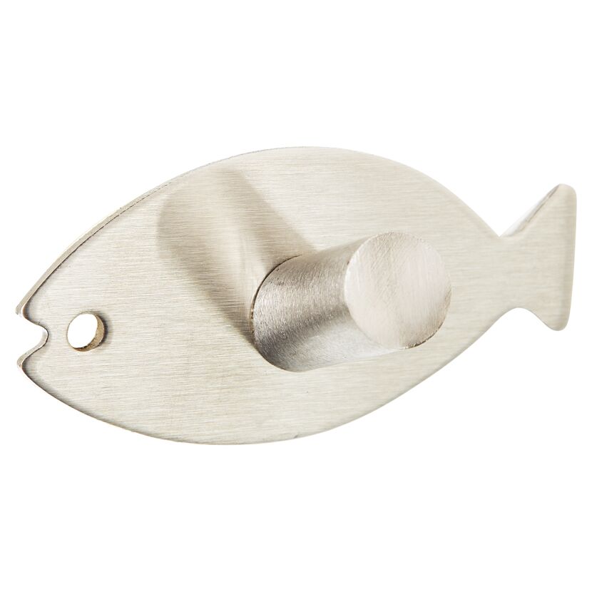 Fischförmiger Wandhaken aus Edelstahl.